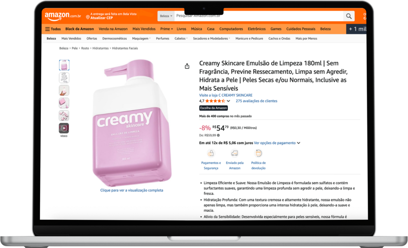Creamy Skincare product page on Amazon Brazil, shown on a laptop