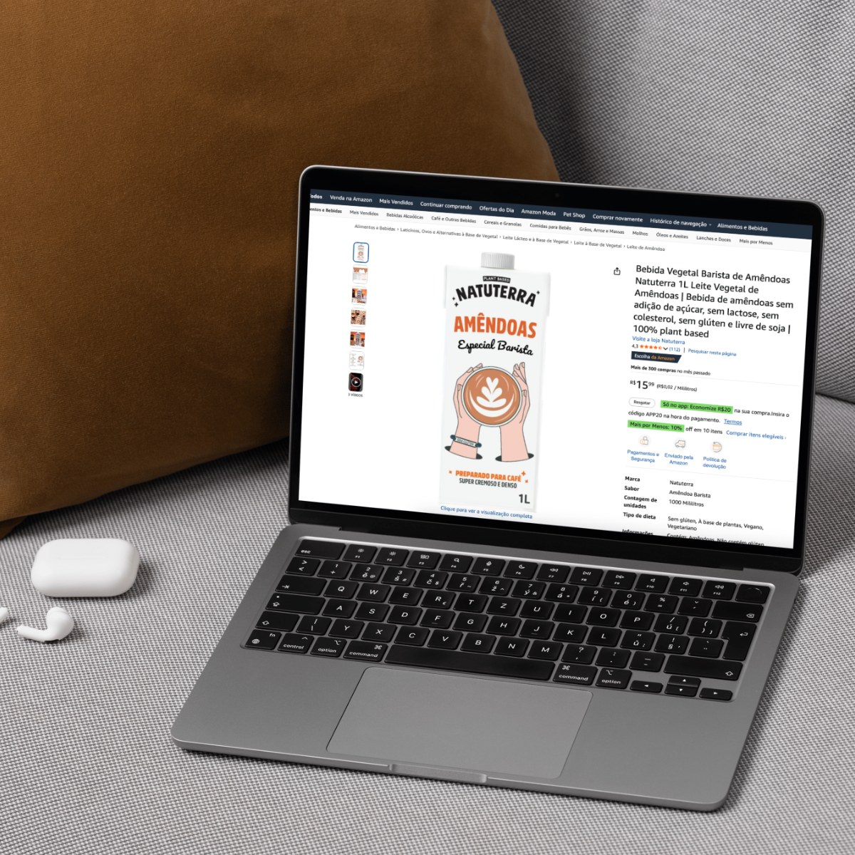 Natuterra almond drink product page on Amazon Brazil, shown on a laptop